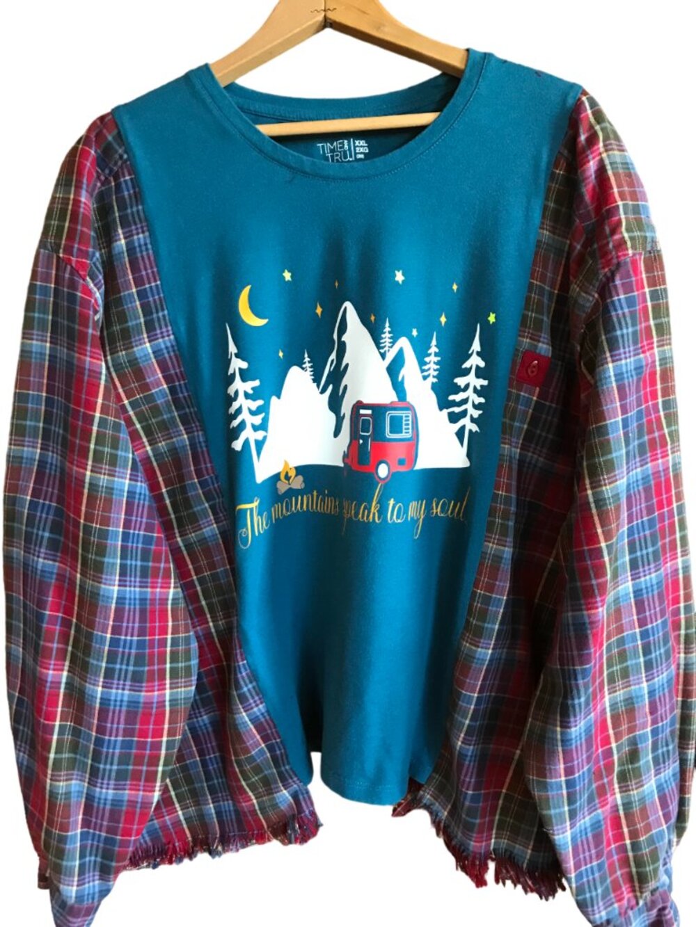 Upcycled Flannel Shirt, Reworked Oversized Mountain Camping Graphic Size L-2XL